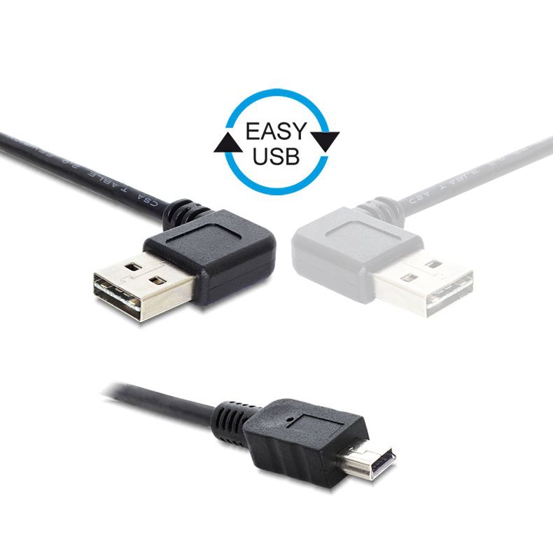 USB cable plug A 90° to mini B, plug A right or left angled pluggable, 50cm