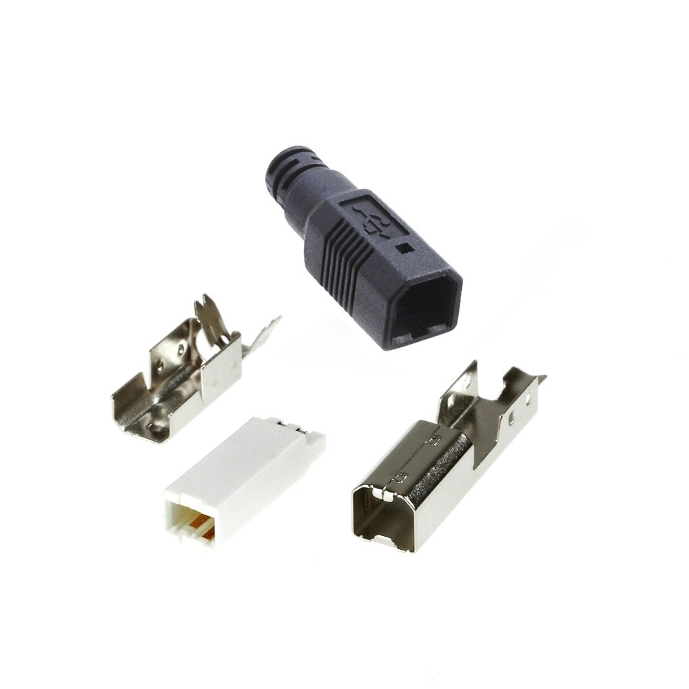 USB 2.0 plug type B with black hood, solder type