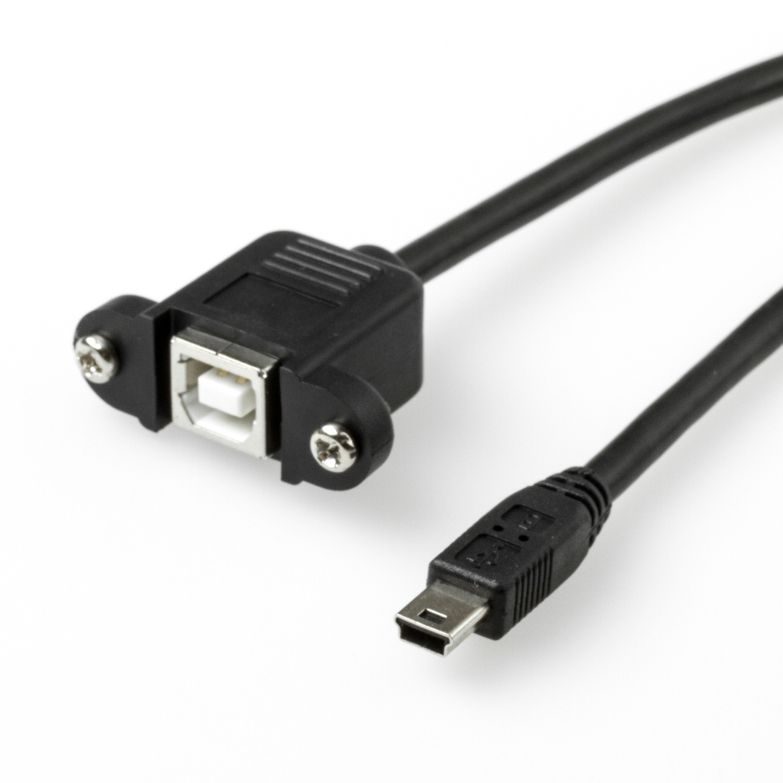 USB 2.0 Panel-Mount cable, USB B female with 2 screws to USB Mini B male, 30cm
