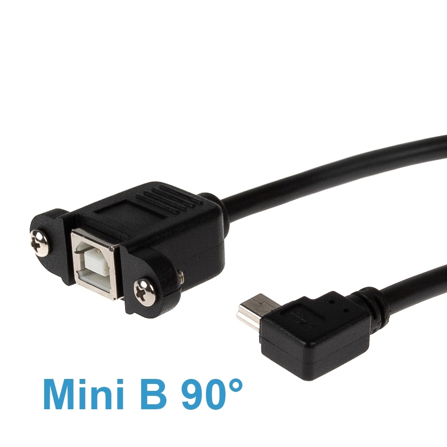 USB 2.0 Panel-Mount cable, USB B female with 2 screws to USB Mini B ANGLED male, 50cm
