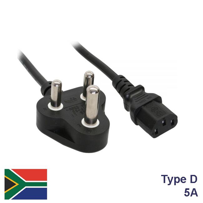 Power cord plug type D to C13, 5A version, 180cm
