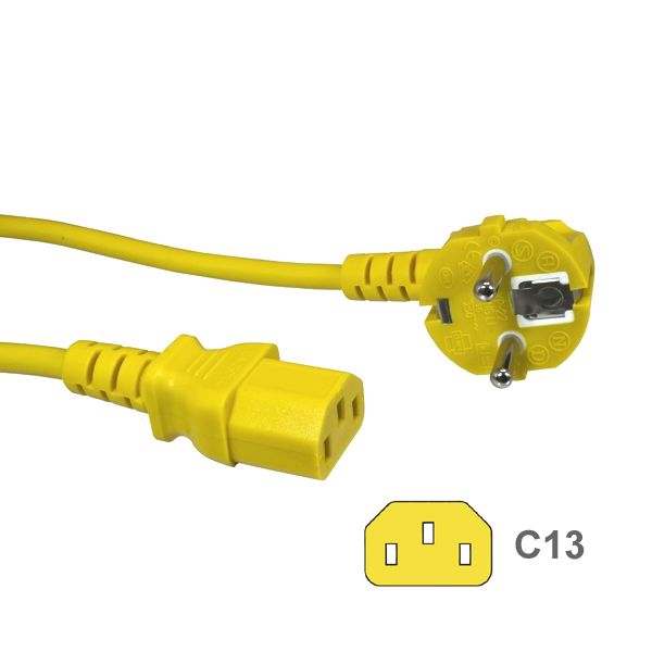 YELLOW power cord for Continental Europe CEE 7/7 E+F 90° to C13 180cm