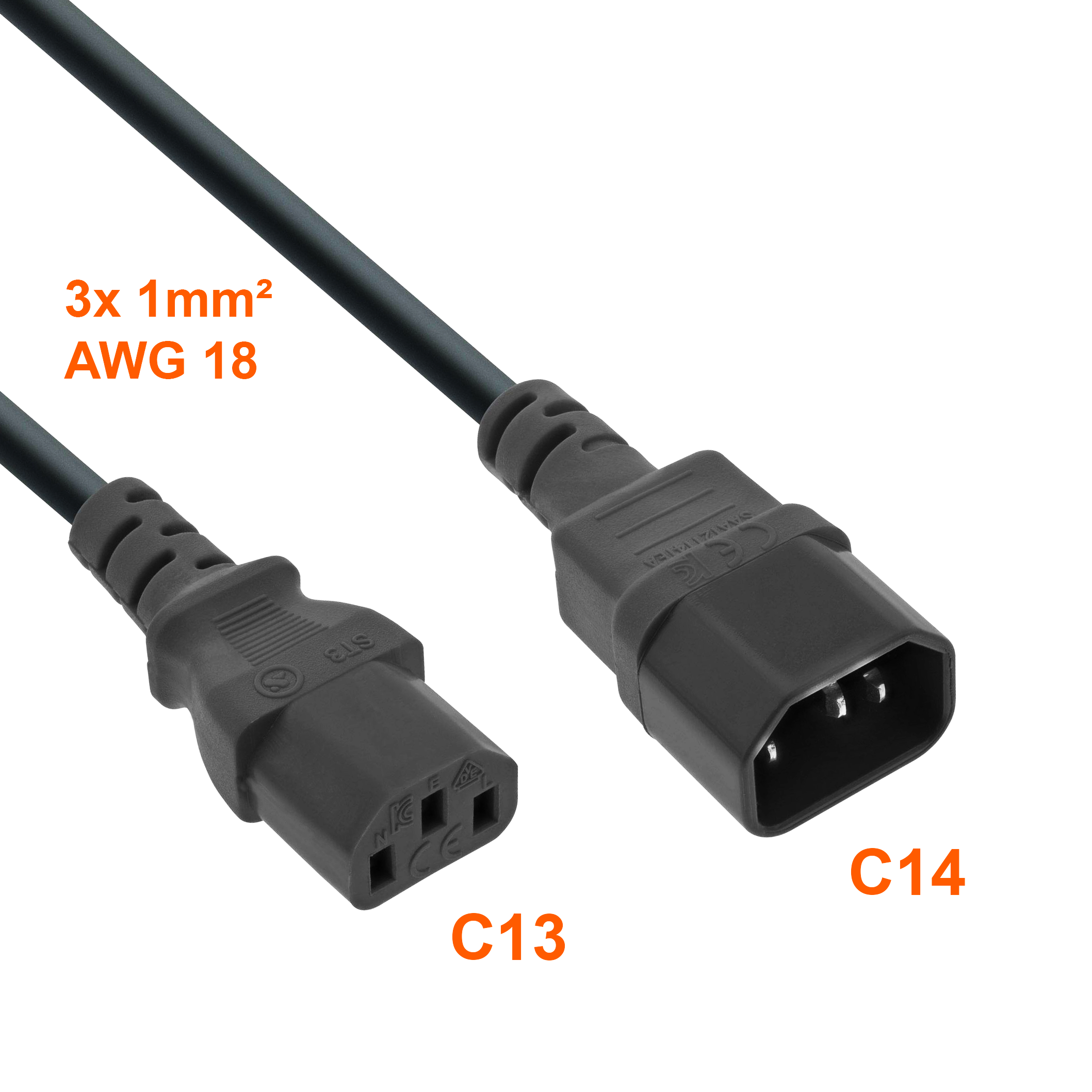Power cord extension cable C13 to C14 3x1mm² 3m