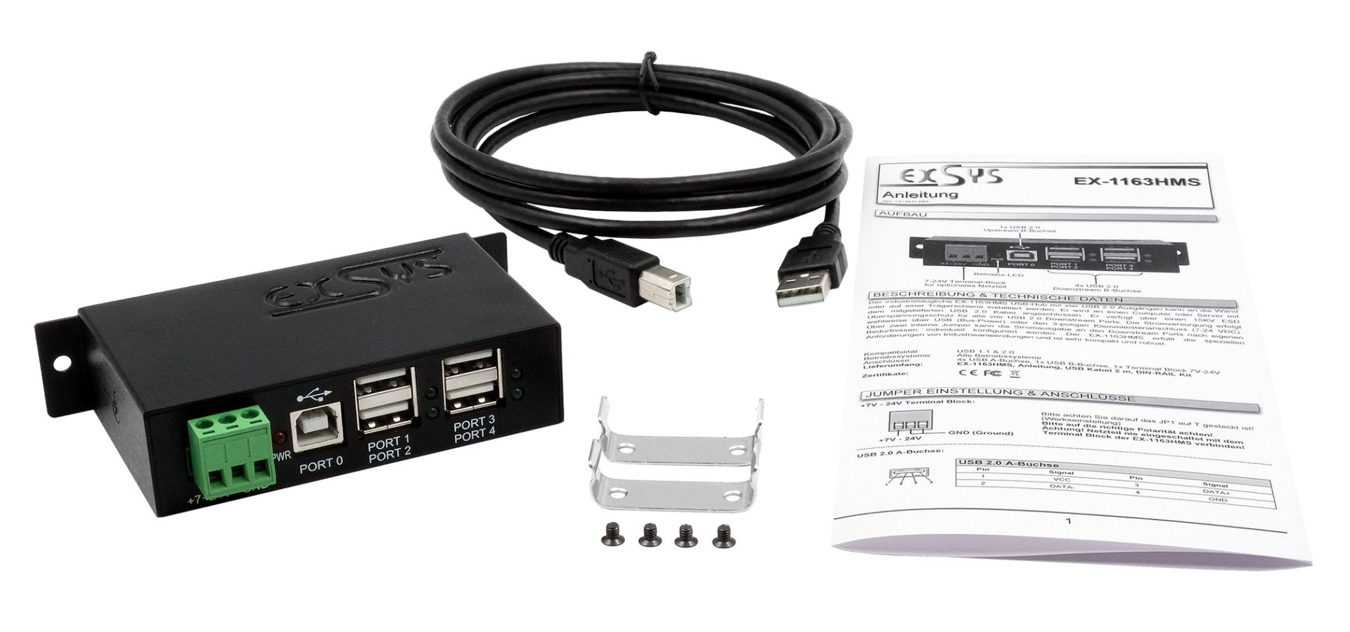 4-Port USB 2.0 Metal HUB with 15KV Surge Protection DIN-RAIL EXSYS
