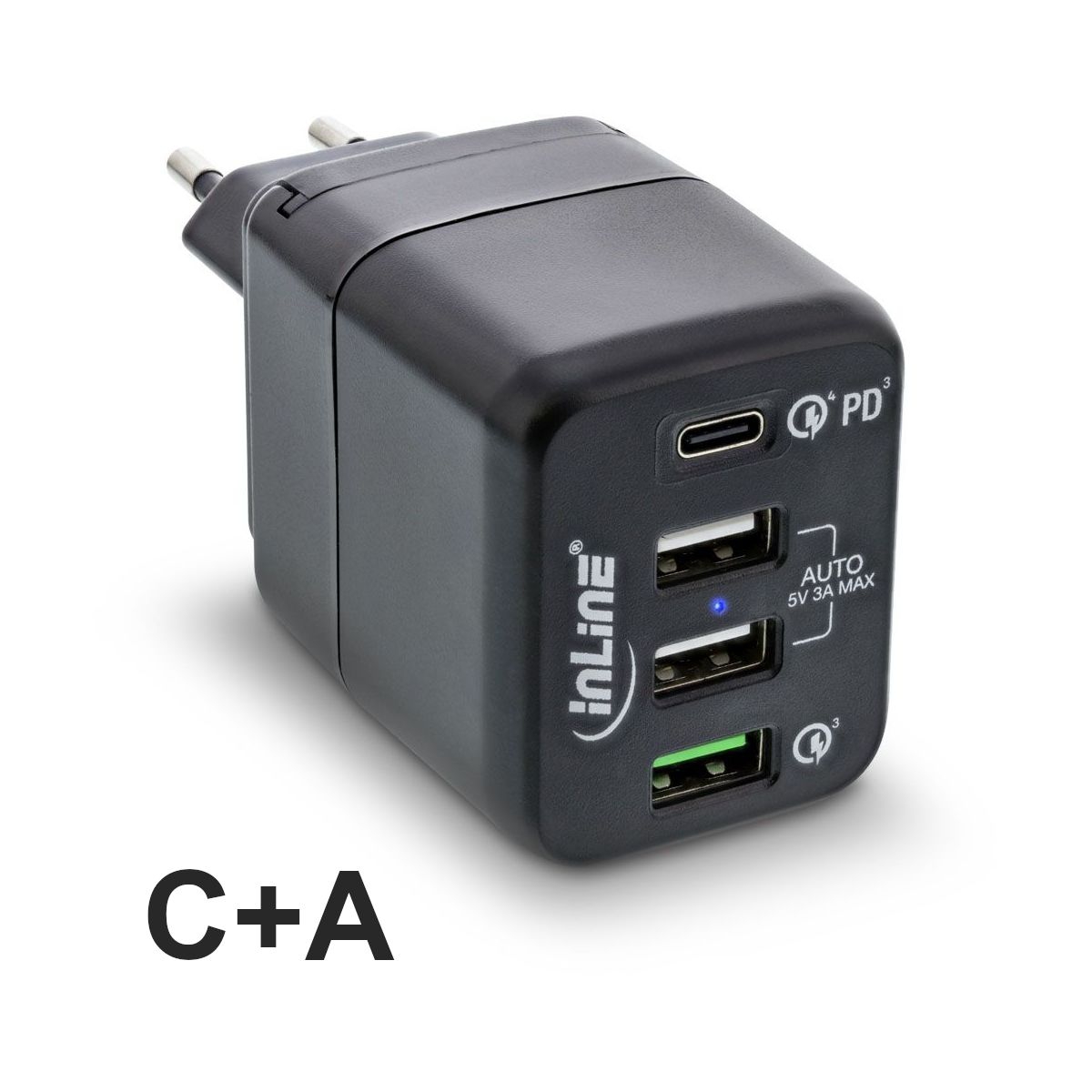 USB power supply, 4-port charger, USB-C PD+QC4 / QC3, 45W, black