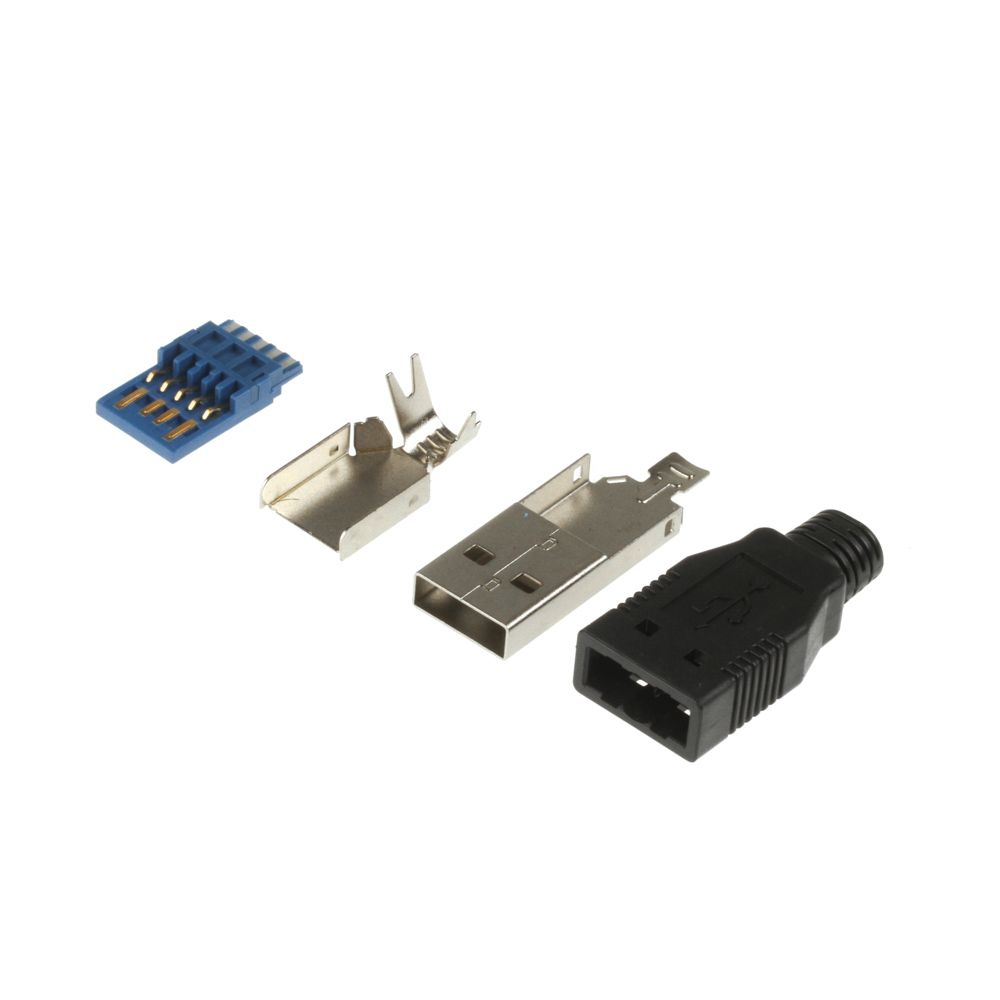 USB 3.0 plug type A male with hood, solder type, black