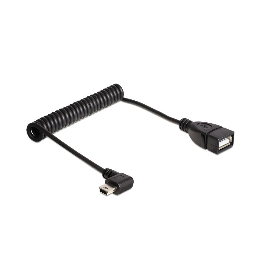 USB spiral cable Mini B 90° angled LEFT to USB A female 28-55cm (OTG)