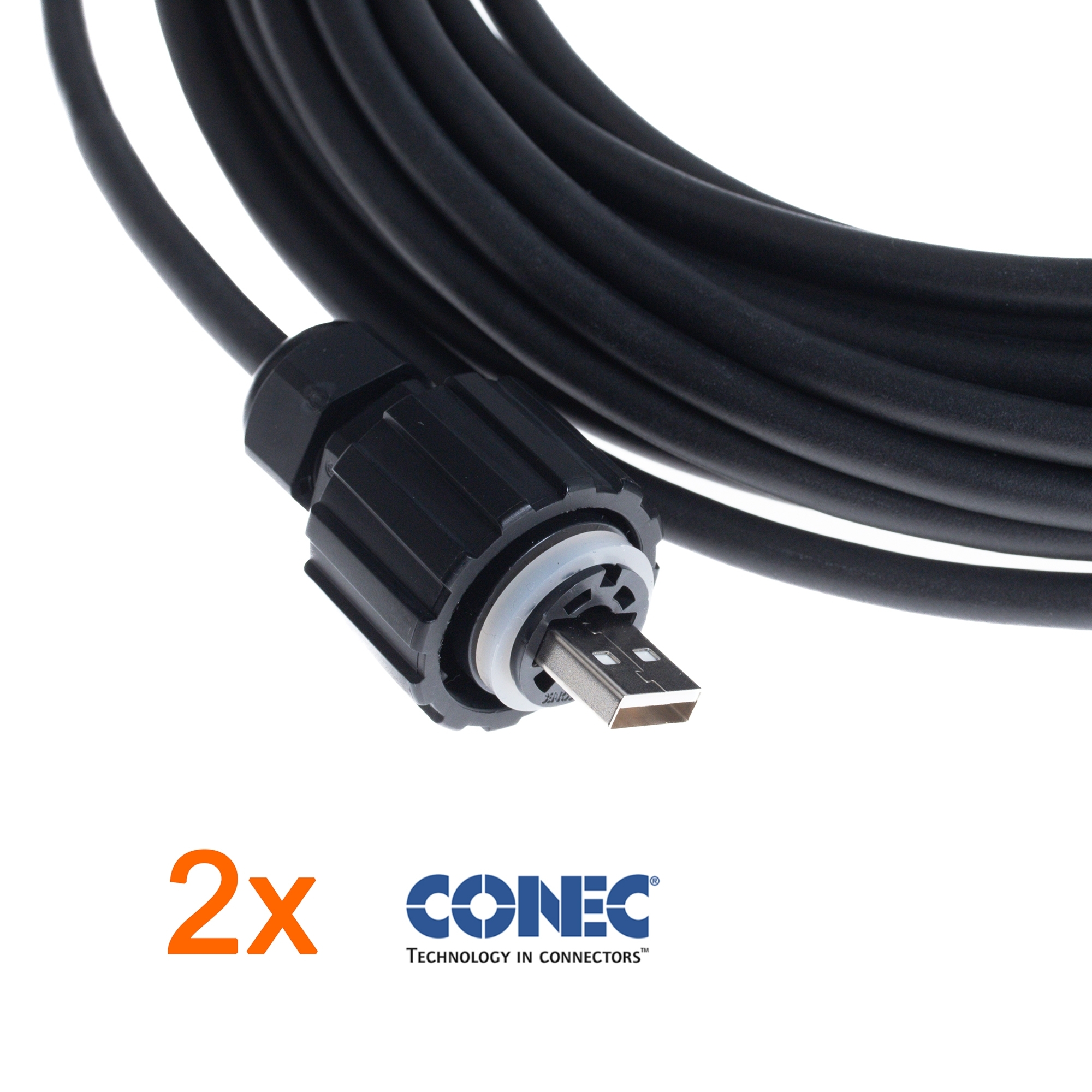 USB 2.0 PUR cable for industry + drag chains, 2x plug CONEC A IP67, 10m